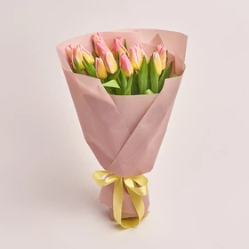 Букет 15 Желто-розовых тюльпанов