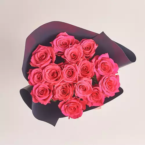 Зображення товару Букет 15 Малинових троянд, пакування: Графітова, артикул: 2785