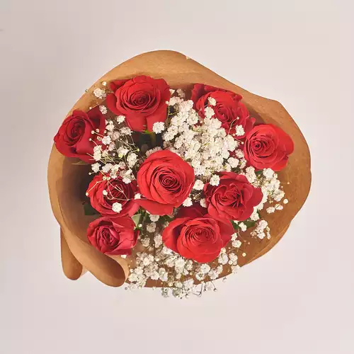 Product image Bouquet of 9 Red Roses Grand Prix and Gypsophila, packaging: Сraft, vendor code: 2377