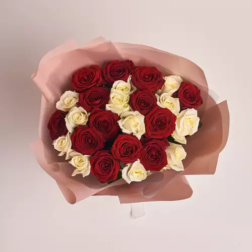 Product image Bouquet of 25 Mix of Red and White Roses, packaging: Powder, vendor code: 2376
