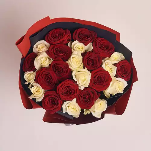 Product image Bouquet of 25 Mix of Red and White Roses, packaging: Red, vendor code: 2376