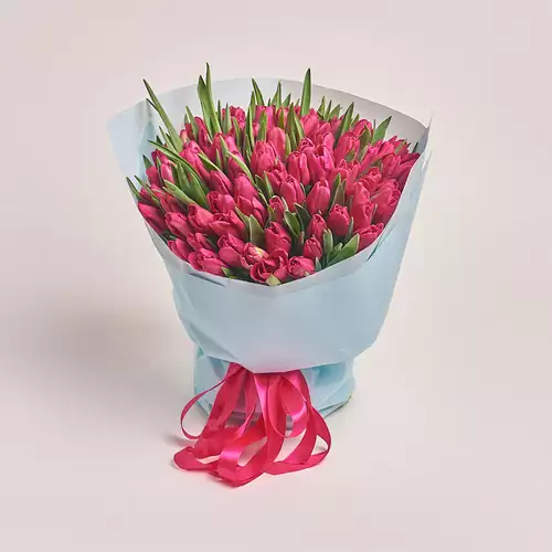 Product image Bouquet 101 Hot pink tulip, packaging: Blue, vendor code: 2241