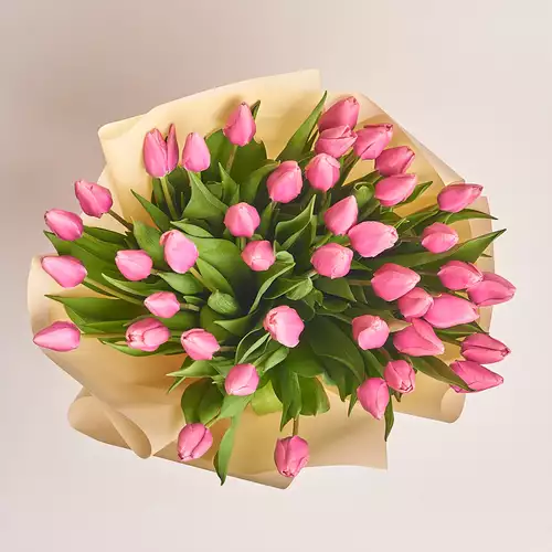 Product image Bouquet of 35 Pink tulips, packaging: Peach, vendor code: 2276