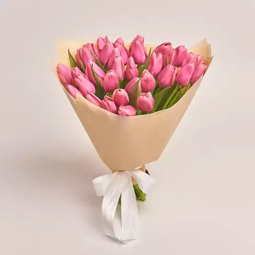 Product image Bouquet of 35 Pink tulips, packaging: Peach, vendor code: 2276