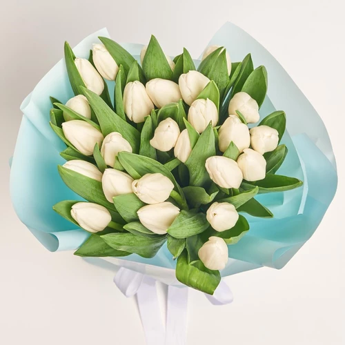 Product image Bouquet of 25 White tulips, packaging: Blue, vendor code: 2257