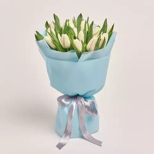 Product image Bouquet of 25 White tulips, packaging: Blue, vendor code: 2257