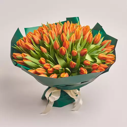 Product image Bouquet 101 Orange tulip, packaging: Green, vendor code: 2242