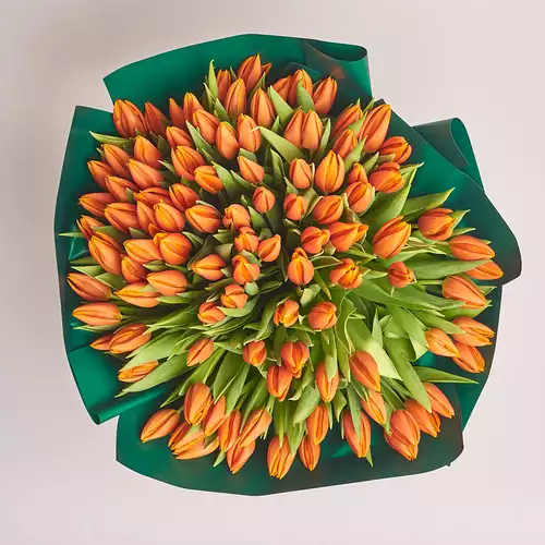 Product image Bouquet 101 Orange tulip, packaging: Green, vendor code: 2242