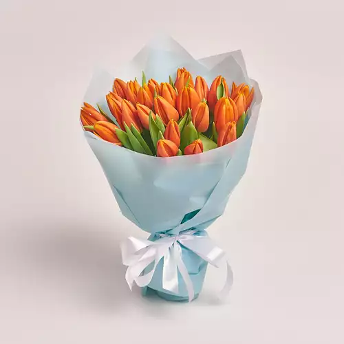 Product image Bouquet of 25 Orange tulips, packaging: Blue, vendor code: 2262