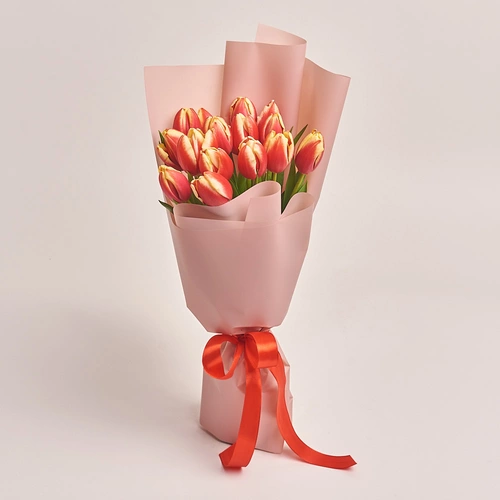 Product image Bouquet of 15 red-yellow tulips, packaging: Powder, vendor code: 2182