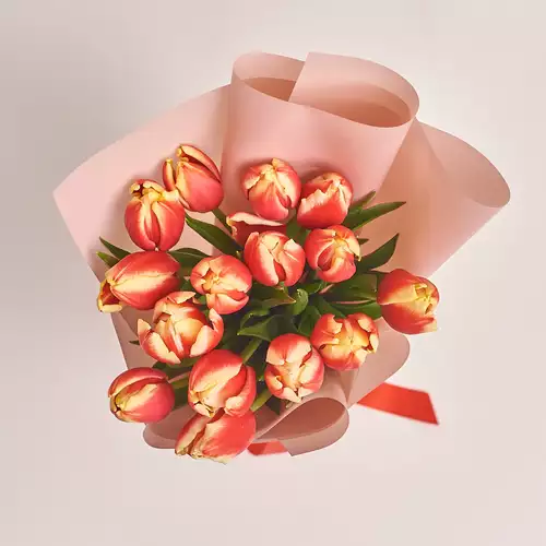 Product image Bouquet of 15 red-yellow tulips, packaging: Powder, vendor code: 2182