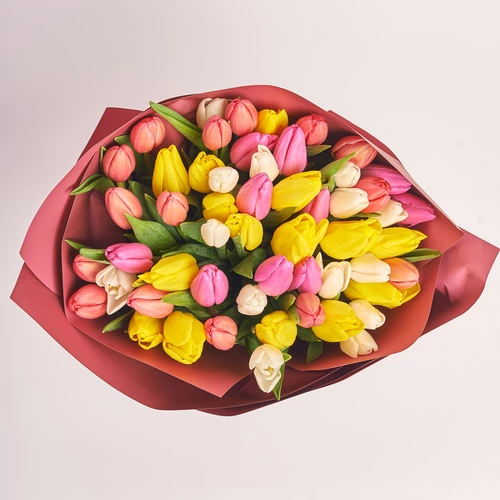 Product image Bouquet 51 Tulip mix, packaging: Coral, vendor code: 2299