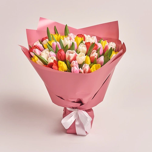 Product image Bouquet 51 Tulip mix, packaging: Coral, vendor code: 2299