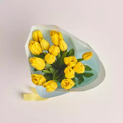 Product image Bouquet of 15 Yellow tulips, packaging: Blue, vendor code: 2248