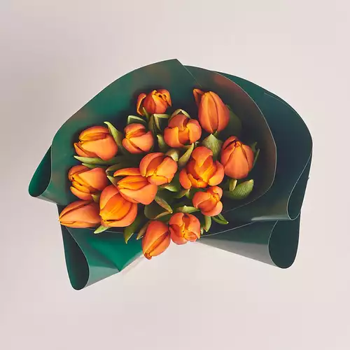 Product image Bouquet of 15 Orange tulips, packaging: Green, vendor code: 2251