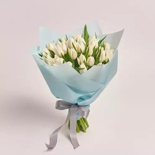 Product image Bouquet of 35 White tulips, packaging: Blue, vendor code: 2270