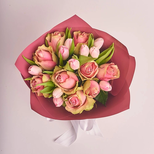 Product image Bouquet Cream Roses and Tulips , packaging: Coral, vendor code: 2383