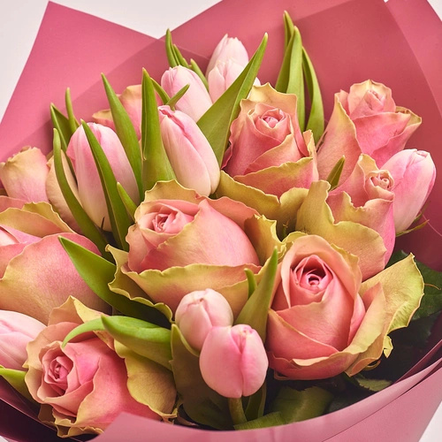 Product image Bouquet Cream Roses and Tulips , packaging: Coral, vendor code: 2383