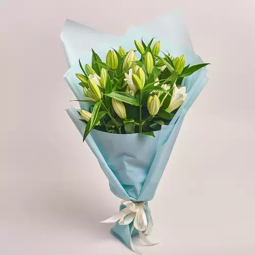 Product image Bouquet of 11 White Lilies, packaging: Blue, vendor code: 2091