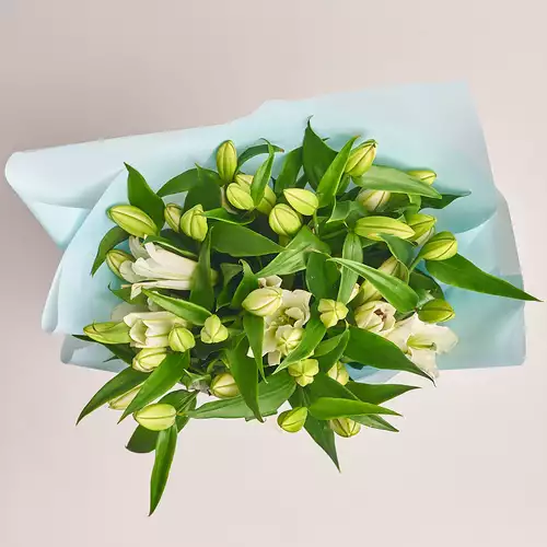 Product image Bouquet of 11 White Lilies, packaging: Blue, vendor code: 2091