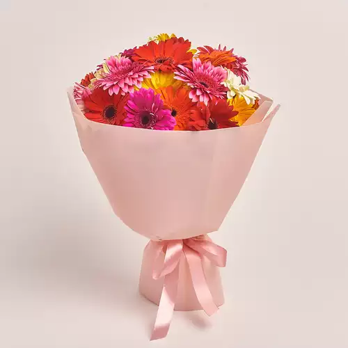 Product image Bouquet of 25 Gerberas mix, packaging: Kafin rose, vendor code: 996