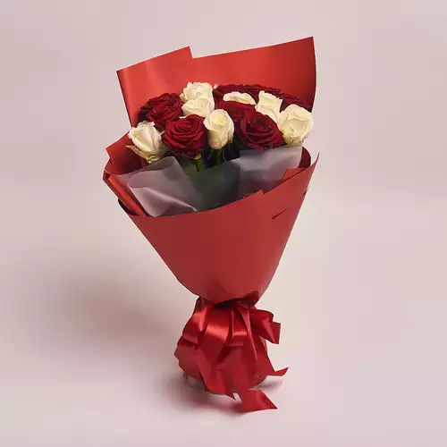 Product image Bouquet 17 Mixed Red and White Roses , packaging: Red, SKU: 2375