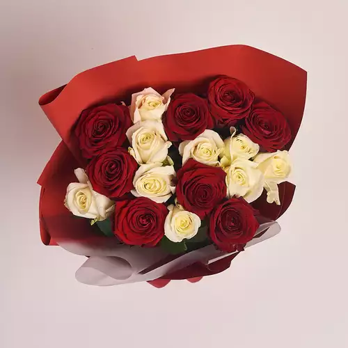 Product image Bouquet 17 Mixed Red and White Roses , packaging: Red, SKU: 2375