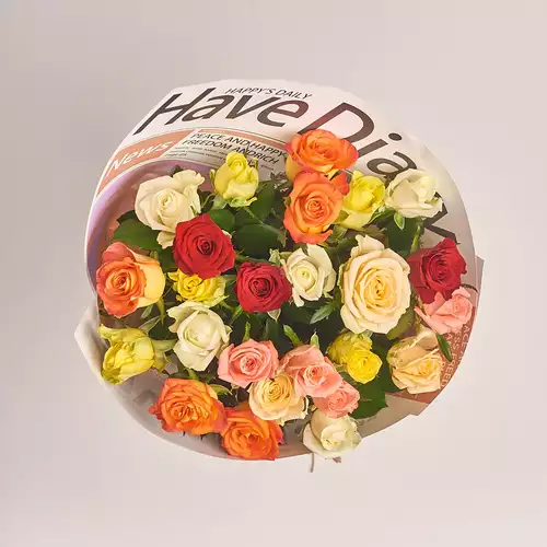 Product image Bouquet of 25 Mixed Roses, packaging: Newspaper, vendor code: 2385