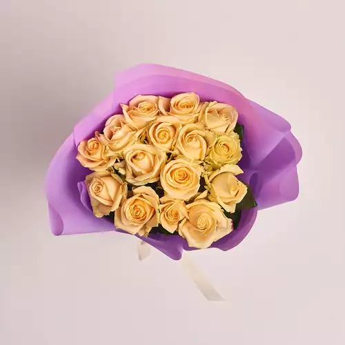 Product image Bouquet of 15 Peach Roses, packaging: Purple, vendor code: 2386