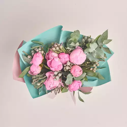 Product image Bouquet of 9 Peonies and Brunias, packaging: Gradiens tiffany, vendor code: 2468