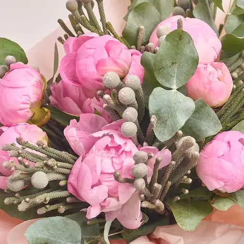 Product image Bouquet of 9 Peonies and Brunias, packaging: Gradiens tiffany, vendor code: 2468