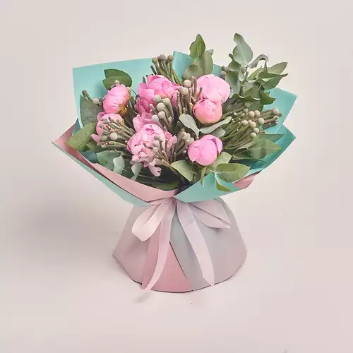 Product image Bouquet of 9 Peonies and Brunias, packaging: Gradiens tiffany, vendor code: 2468