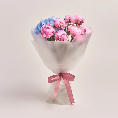 Product image Bouquet of 9 Peonies and Hydrangea, packaging: Transparent, vendor code: 2462