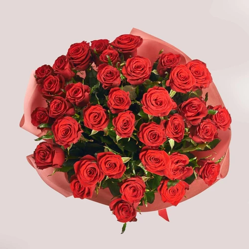 Product image Bouquet of 35 Red Roses Prestige, packaging: Kafin coral, SKU: 2428