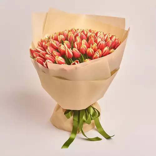 Product image Bouquet 101 Red-yellow tulip, packaging: Peach, vendor code: 2357