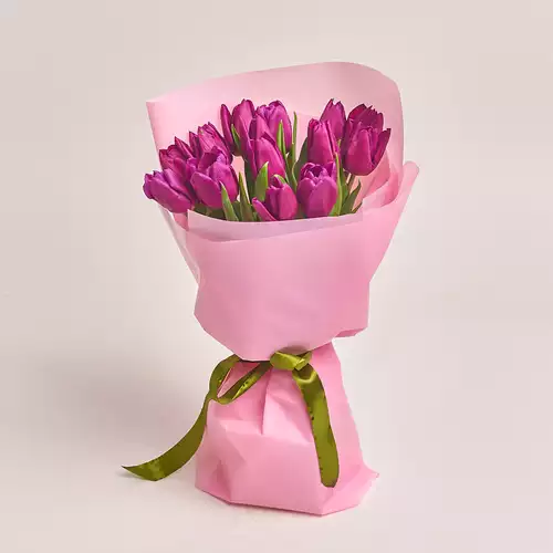 Product image Bouquet of 15 Purple Tulips, packaging: Pink, vendor code: 2256