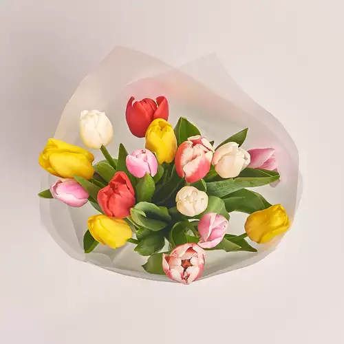 Product image Bouquet of 15 Tulips mix, packaging: Transparent, vendor code: 2178