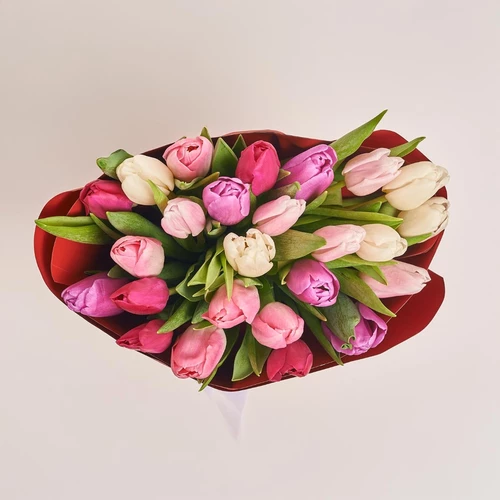 Product image Bouquet of 25 Tulips Мix, packaging: Red, vendor code: 2264