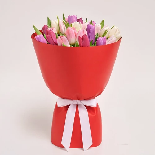 Product image Bouquet of 25 Tulips Мix, packaging: Red, vendor code: 2264
