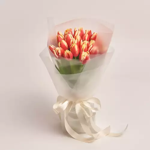 Product image Bouquet of 25 yellow-red tulips, packaging: Transparent, vendor code: 2258