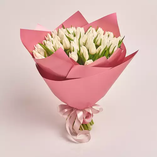 Product image Bouquet 51 White Tulip, packaging: Coral, vendor code: 2285