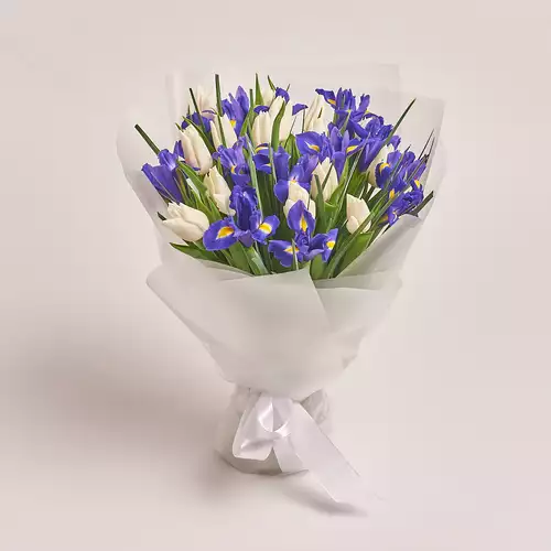 Product image Bouquet 630 Mix Tulips and Irises, packaging: Transparent, vendor code: 2342