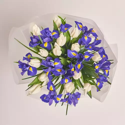 Product image Bouquet 630 Mix Tulips and Irises, packaging: Transparent, vendor code: 2342