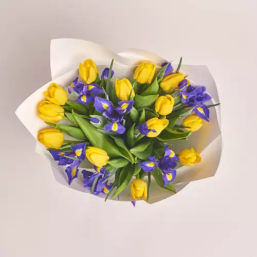 Product image Bouquet Yellow Tulips and Irises, packaging: White, vendor code: 2338