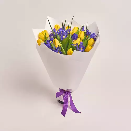 Product image Bouquet Yellow Tulips and Irises, packaging: White, vendor code: 2338