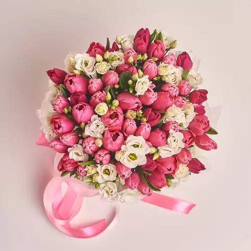 Product image Box of Eustoma and 51 Tulip Mix, packaging: Blue, vendor code: 2501