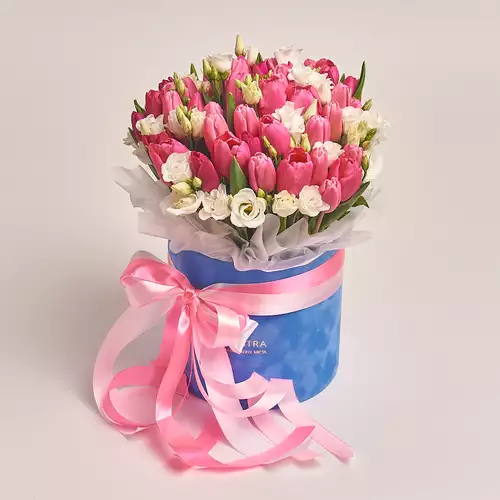 Product image Box of Eustoma and 51 Tulip Mix, packaging: Blue, vendor code: 2501