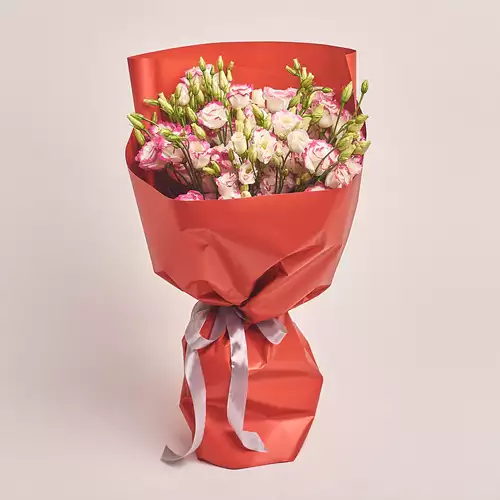 Product image Bouquet of 15 White-Pink Eustomas, packaging: Red, vendor code: 2528