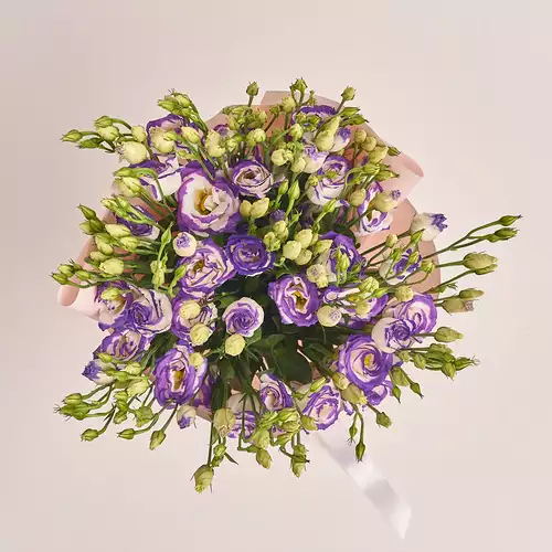 Product image Bouquet of 11 White-Violet Eustomas, packaging: Composite light pink, vendor code: 2529