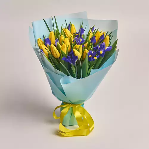 Product image Bouquet 707 Yellow Tulips and Irises, packaging: Blue, vendor code: 2601